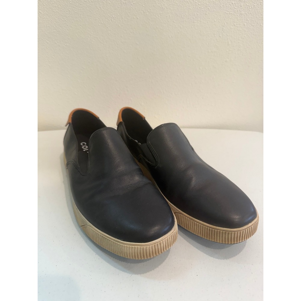 Cole Haan Mens Grand OS Black Leather Slip On Sneakers Tan Heel Tab Loafers